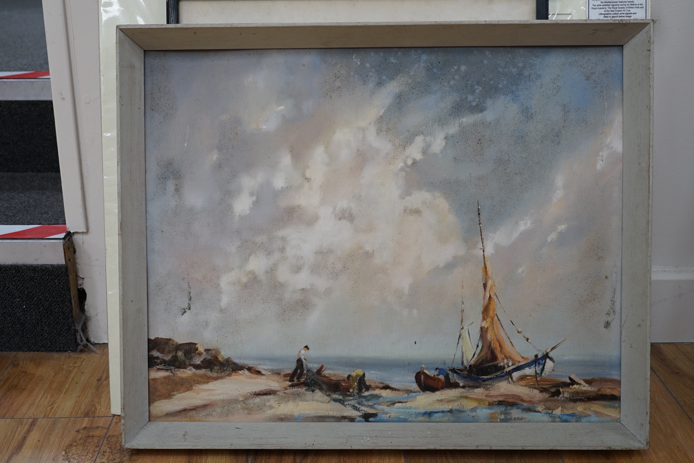 Gudrun Barbara Sibbons (1925-), oil on board, 'Drying nets, mouth of Avon, Christchurch, Hants', inscribed verso and dated 1955, 39 x 49cm. Condition - poor to fair